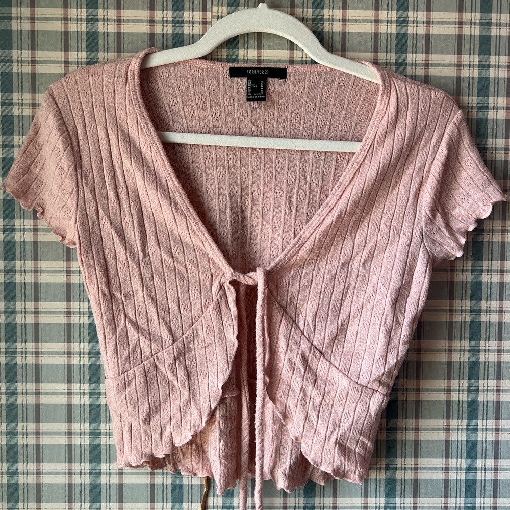 Pink Ribbed Tie-Front Crop Top